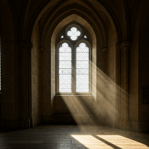 Soft morning sunlight streaming through high arched windows of a quiet stone library